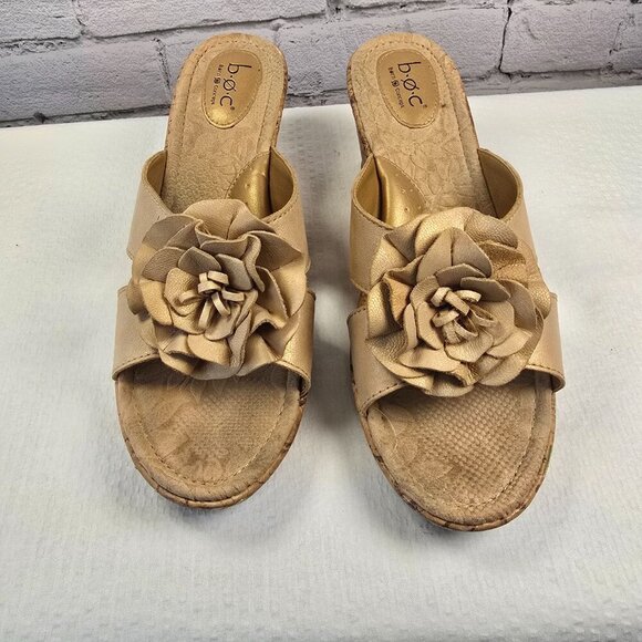 BOC BORN JAMAICA LEATHER FLOWER CORK WEDGE SLIDE SANDAL BEIGE SIZE 10 EUC WOMENS - Picture 4 of 10